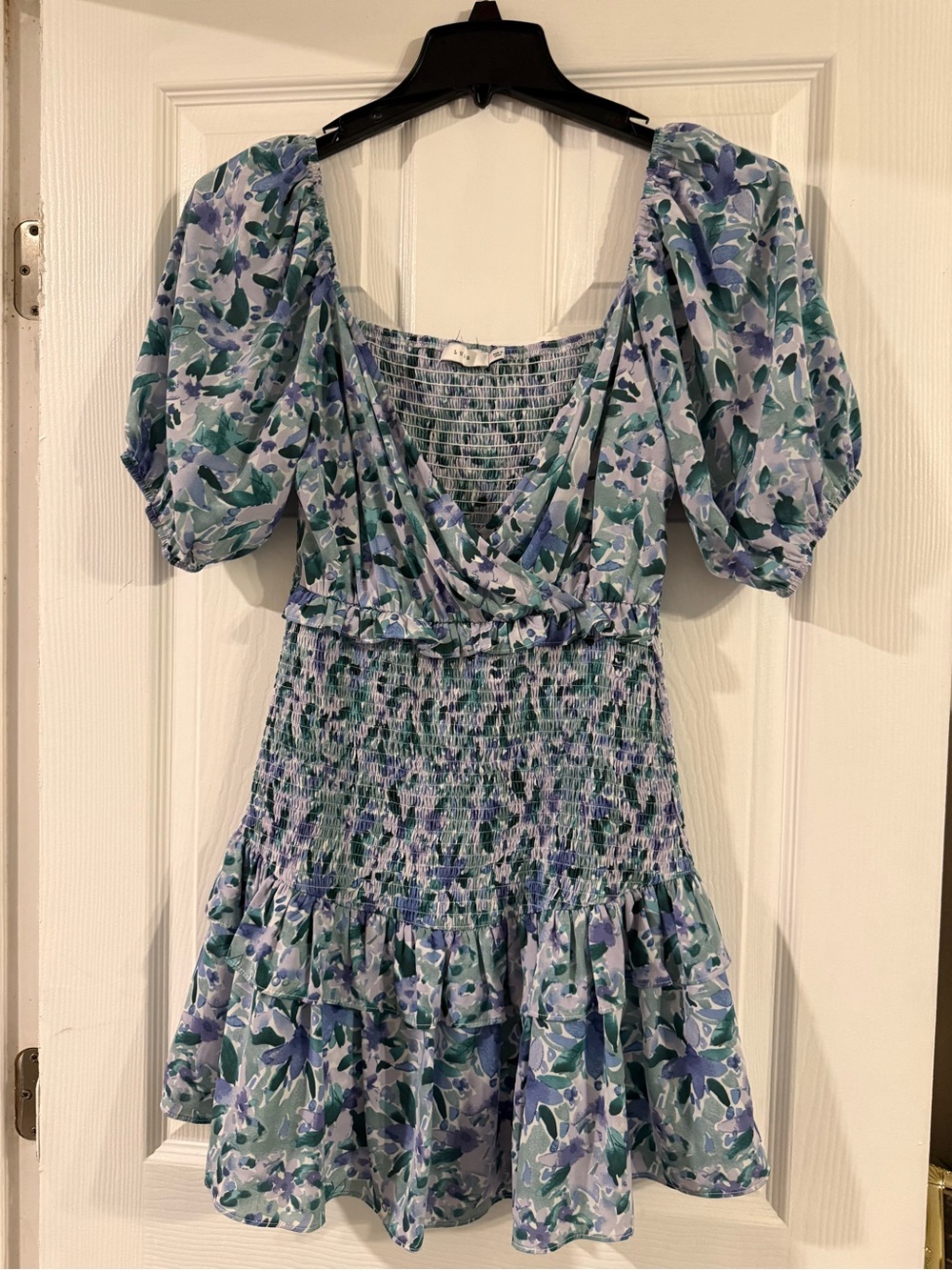 Lush Blue and Green Floral Smocked Puff-Sleeve Mini Dress